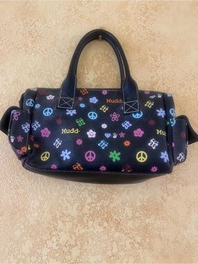 Mudd Black Handbag with Multicolor Peace Signs and Flowers